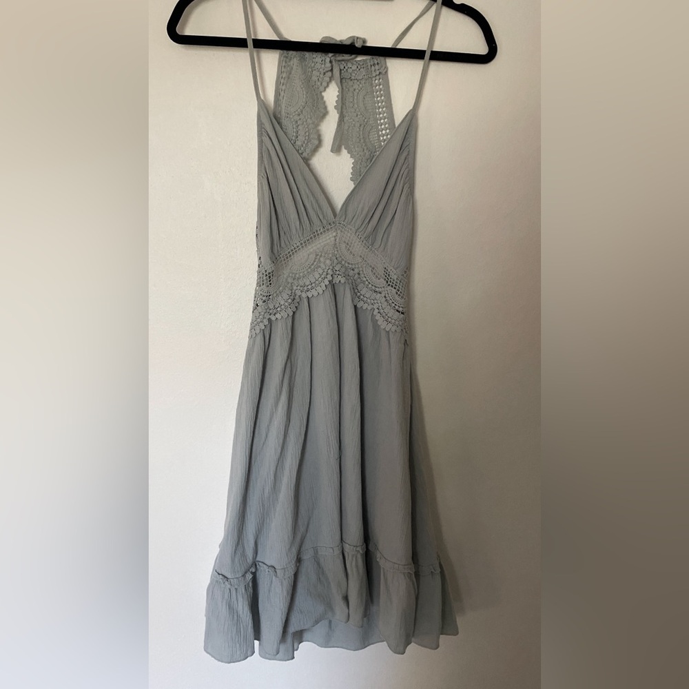 Feminine Halter Lace and Ruffle Soft Blue Dress Medium
